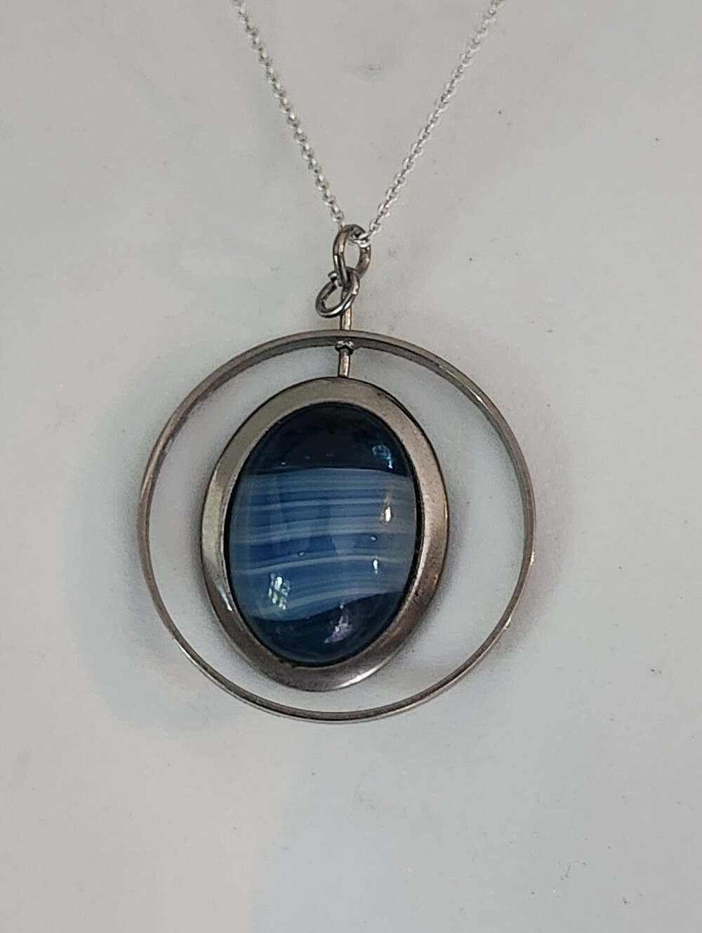 Blue Striped Agate Pendant Necklace - Silver Tone Chain